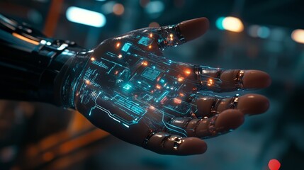 Poster - futuristic cybernetic hand with glowing circuitry elements