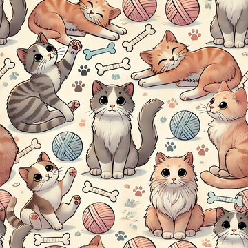 A seamless pattern featuring adorable cats in different poses such as stretching, playing, and lounging