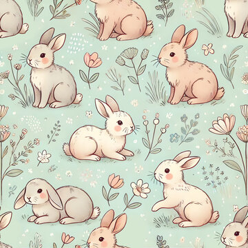 A seamless pattern featuring playful rabbits in different poses, hopping, sitting