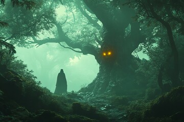 Poster - Mysterious Figure in Enchanted Forest with Glowing Tree Eyes
