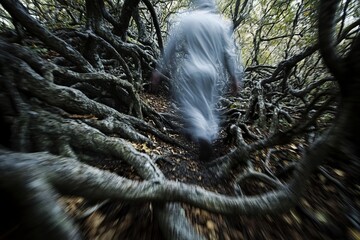 Poster - Mysterious Figure Walking Through Enigmatic Twisted Forest Pathway