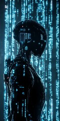 Poster - Futuristic Cyborg Silhouette in Digital Matrix Background with Neon Glow