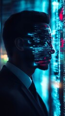 Poster - Profile of a Man with Digital Data Visualization Overlay in a Futuristic Environment