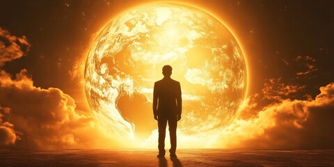 Wall Mural - A man stands in front of a large yellow planet