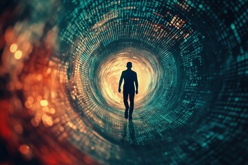 Poster - Person Walking Through Digital Tunnel Representing Technology Journey