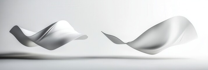 Fototapete - Floating 3D shapes create a minimalist aesthetic with soft shadows and elegant light reflections in a futuristic design on a white background