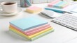 © Art by ChannaronG - Stack of Sticky Notes in Pastel Colors on a White Background, Clean and Modern Office Stock Photo suitable for office supply stores, productivity blogs, and workspace design inspiration.