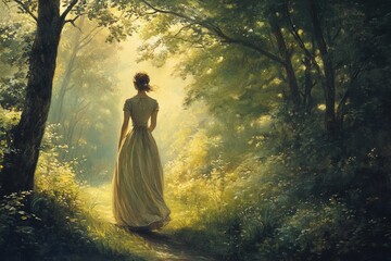 Poster - Young Woman Walking in Lush Forest with Soft Golden Light