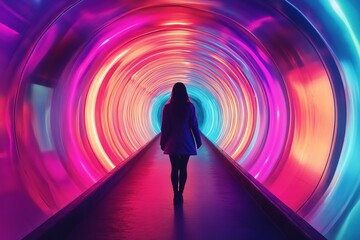 Poster - Mesmerizing Neon Tunnel with Silhouette of a Person Walking Through