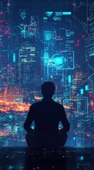 Poster - Silhouette of a Person Meditating Before a Digital Interface Displaying Urban Data at Night