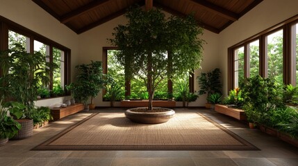 Poster - Bright and lush indoor room featuring a large green plant adding vibrancy and life to the modern living space