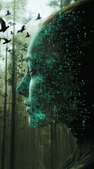 Poster - portrait of a woman with digital elements in a dark forest scene