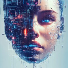 Poster - Futuristic Woman with Digital Elements and Glowing Interface