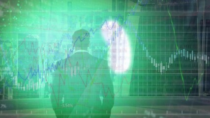 Poster - Analyzing financial graphs and data projections, businessman using animation in office