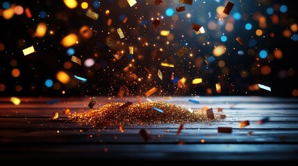 Poster - Pile of gold confetti glimmering under soft light creating a festive and cheerful atmosphere for celebrations