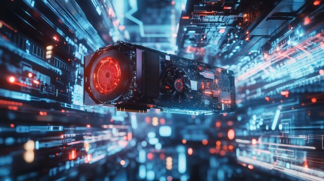 Futuristic graphics card, digital speed, data streams, tech background, website banner