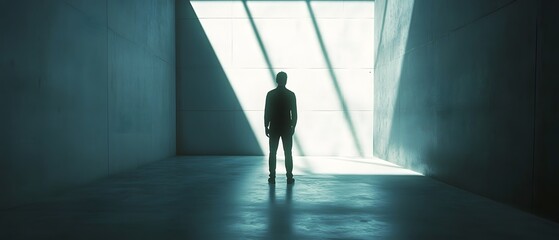 Poster - Silhouette of a solitary figure standing in a dark minimalist interior hallway with a bright window casting dramatic light and shadow effects  The scene evokes a mood of contemplation