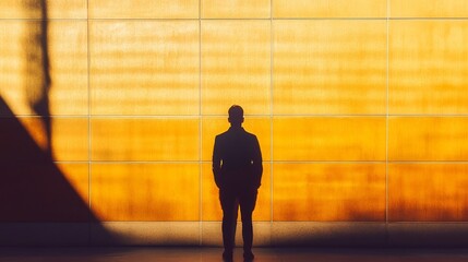 Wall Mural - a man stands in front of a wall with a shadow of him on it