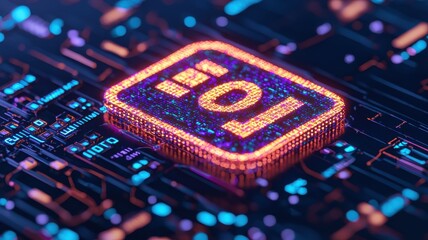 Poster - Digital technology circuit board with illuminated processor chip close-up view futuristic concept high-tech environment