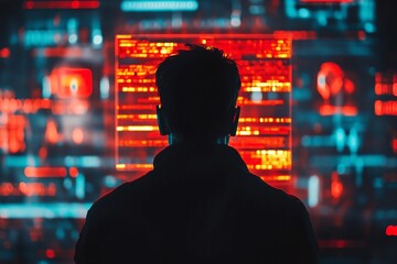 Poster - Silhouette of Person Analyzing Data on Screen with Red and Blue Lights