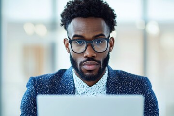 Poster - Focused professional working on laptop in modern office environment insightful business concept indoor view