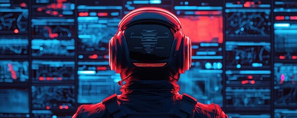Poster - Virtual reality gaming experience cyber space digital art futuristic environment rear view technology concept