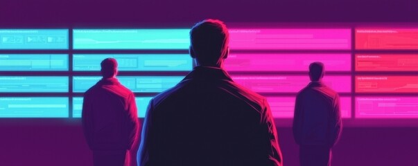 Poster - Analyzing digital interfaces a group of individuals engaging with technology in a futuristic environment