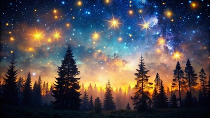 Wall Mural - Night Sky Starry Bokeh, Treetops Silhouette, Dark Forest, Celestial Landscape, Magical Night