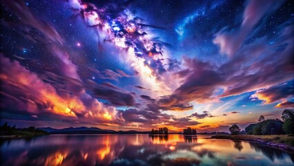 Wall Mural - Night Sky Watercolor Wash: Swirling Clouds & Starry Background - Stock Photo