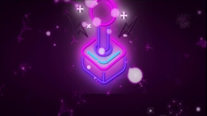 Poster - Glowing neon joystick with abstract shapes and sparkles on dark background animation