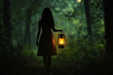 Poster - Woman Holding Lantern in Mysterious Forest at Dusk