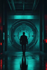 Wall Mural - a man is walking through a dark, futuristic tunnel