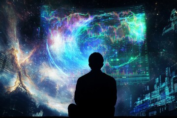 Wall Mural - A man is sitting in front of a large screen that shows a galaxy with a black man