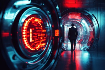 Poster - Futuristic Corridor with Glowing Neon Lights and Silhouette of Person