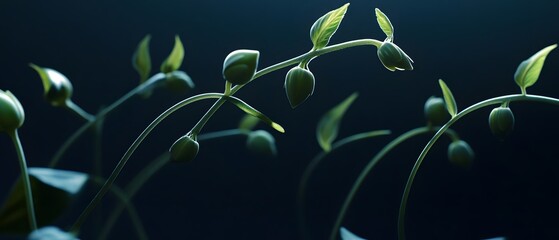 Poster - close up view of young fresh green leaves and sprouts emerging against a dark contrasting background