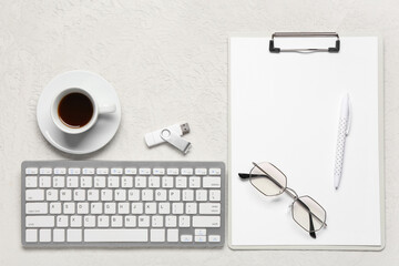 Wall Mural - clipboard, computer keyboard and glasses on white background