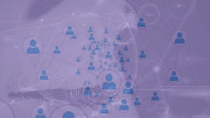Poster - Animation of blue user icons connected by lines on purple background