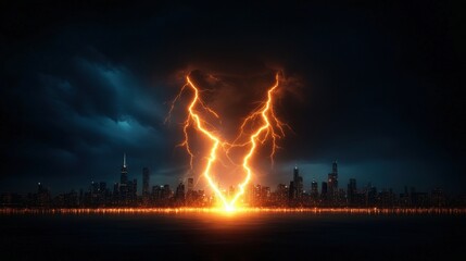 Aufkleber - Stunning night view of a cityscape illuminated by bright lightning strikes creating a dramatic and electrifying atmosphere
