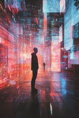 Poster - futuristic cityscape with silhouetted figures in a digital environment