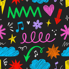 Poster - Kid shape color seamless pattern background. Crayon scribble fun children color hand drawn pencil brush shape seamless background. Abstract pattern crayon children pattern design. Vector illustration