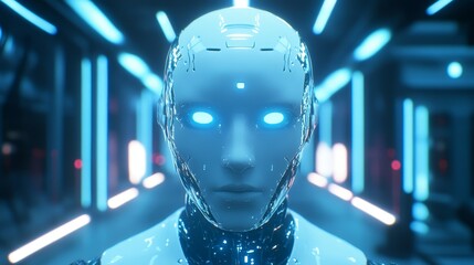 Poster - Futuristic Robot Head with Neon Lights in a Technology Environment