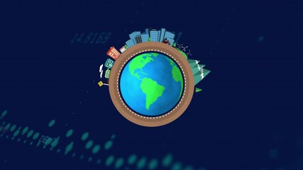 Poster - Rotating Earth with cityscape and nature elements over digital data animation