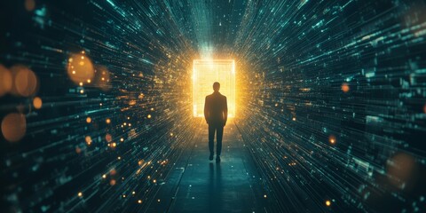 Poster - Individual Standing Before Glowing Portal in Digital Landscape