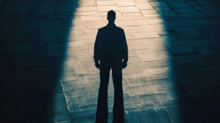Wall Mural - A man is standing in the dark, with his shadow cast on the ground