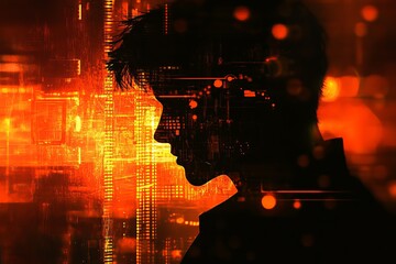 Poster - digital silhouette of a person against a fiery abstract background