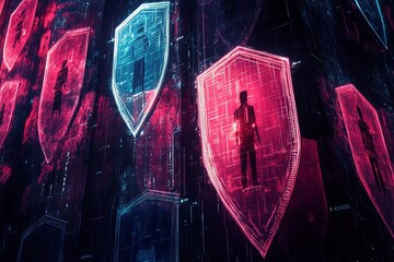 Poster - Digital Security Concept with Abstract Figures and Shield Icons