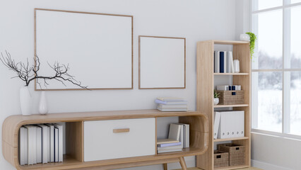 Wall Mural - the minimalist style room with wooden furnitures, a bookshelf and a table, in the white theme room.