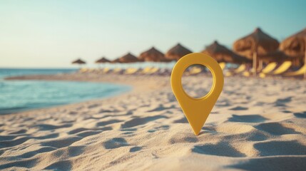 Aufkleber - Golden location pin marks tropical beach with sunbeds and umbrellas under a clear sky at sunset