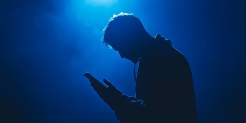 Wall Mural - A man is standing in the dark with his head down and looking at his cell phone