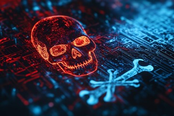Poster - Glowing Skull Illustration with Digital Circuit Background Design